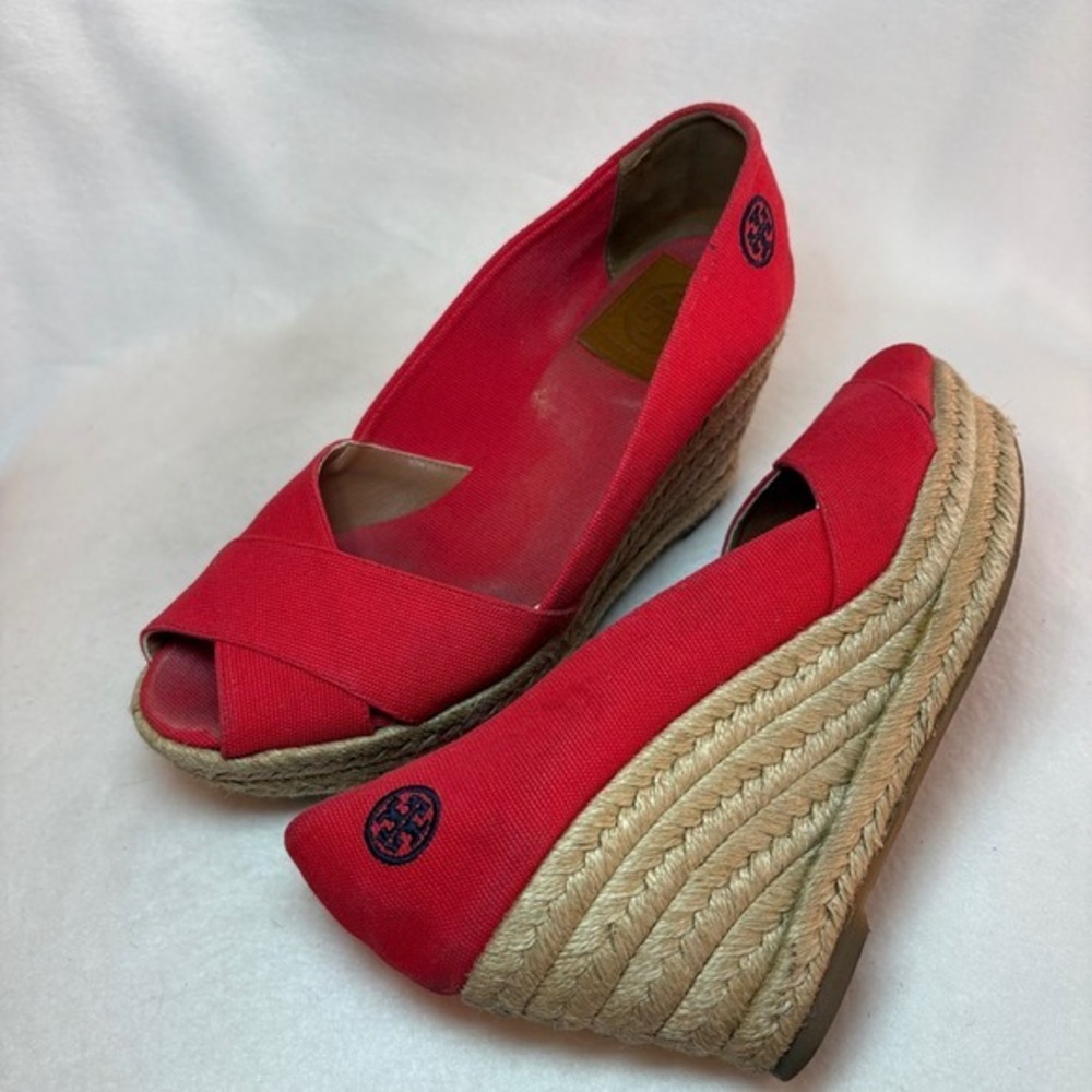 Tory Burch Red Canvas Espadrille Wedge Sandals Peep Toe Spain Womens 7B